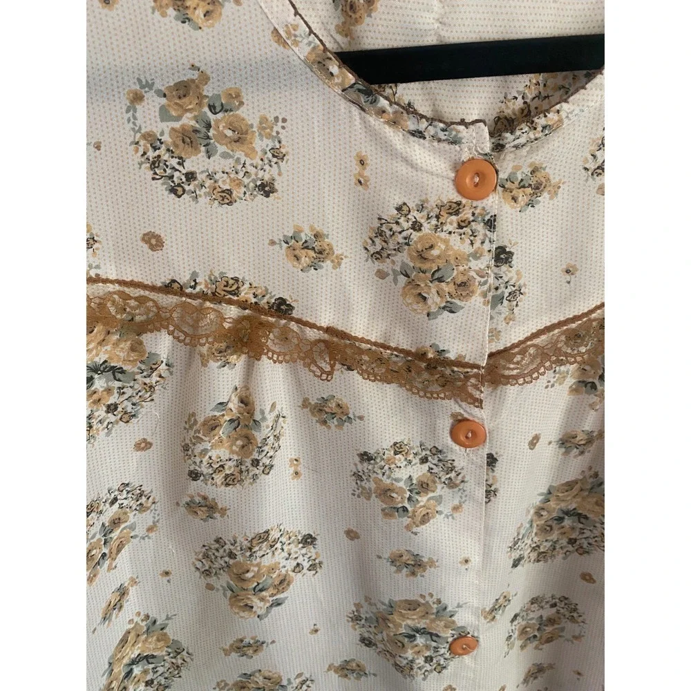 Nines Women Large Floral Button Front House Dress Cream Tan Lace‎ Trim PJ6009
